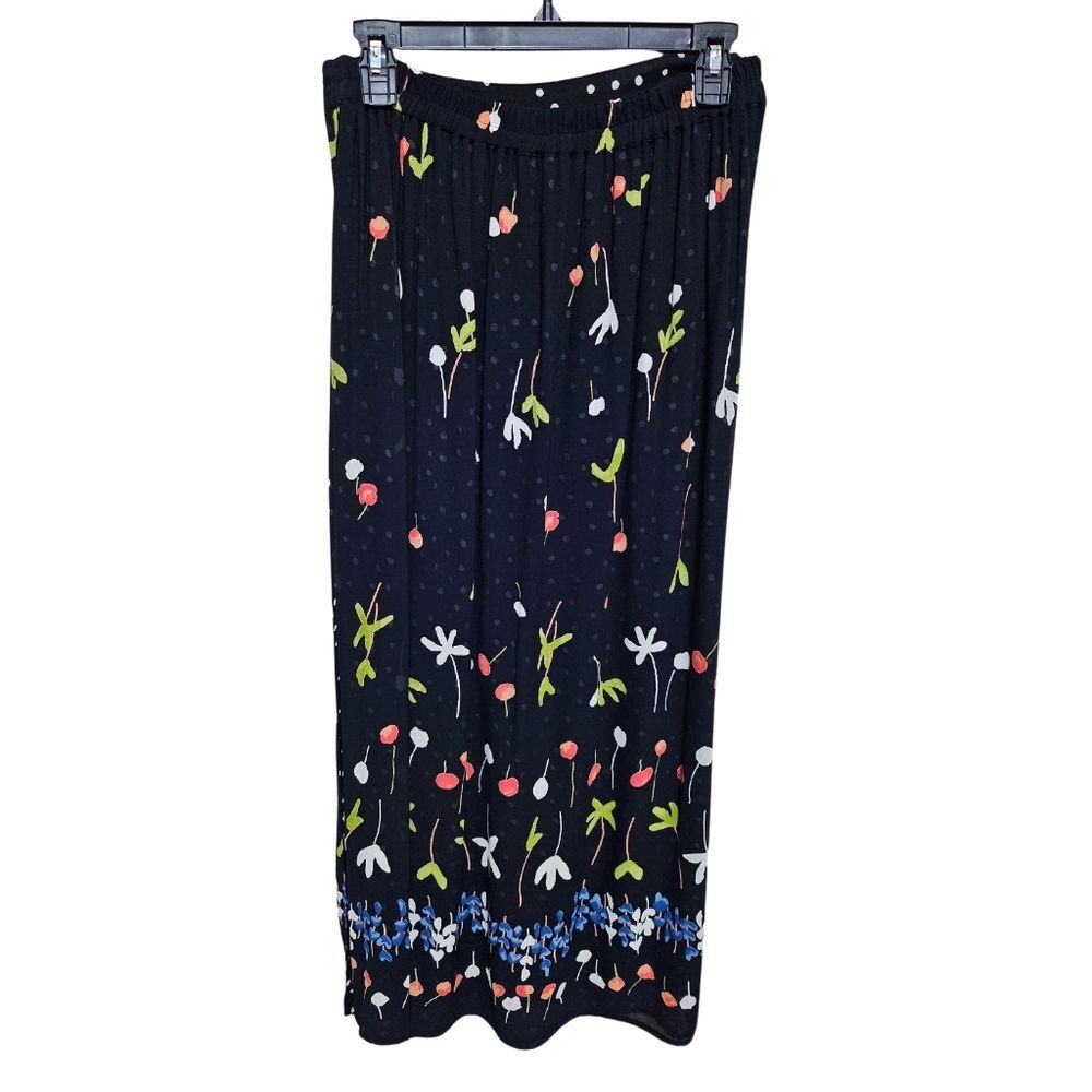 Floral Border Print Mesh Midi Skirt Elastic Waist Art to Wear Boho Women's M/L